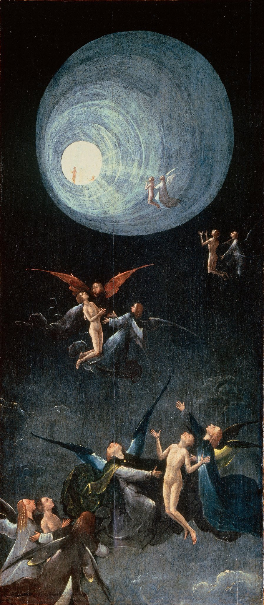 Hieronymus Bosch's Ascent of the Blessed, cropped: nude souls guided by angels upward through a luminous, swirling tunnel of light toward a bright circle at its end.
